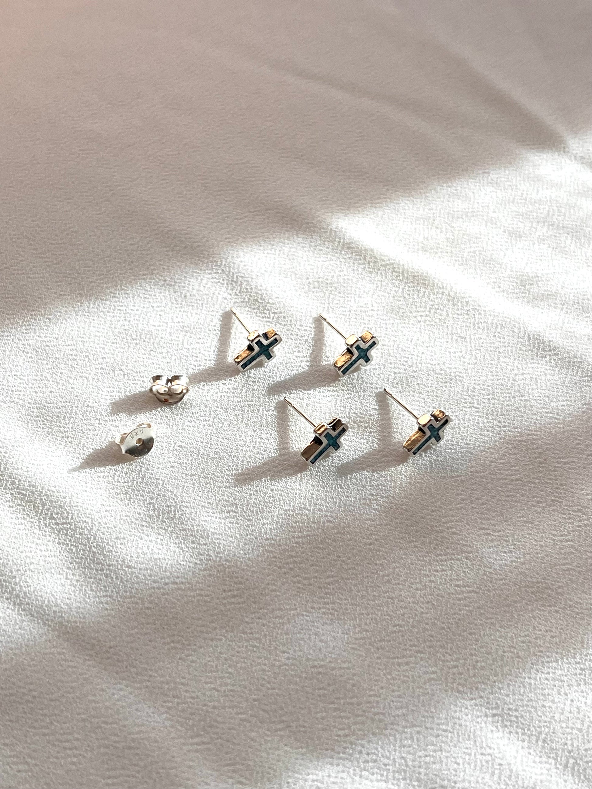tiny turquoise earrings, turquoise cross studs, sterling silver cross earrings, minimalist studs, dainty turquoise jewelry, everyday earrings, small cross earrings, Wyoming handmade jewelry, Coco Wagner Design, stocking stuffer jewelry, turquoise post earrings, tiny cross earrings