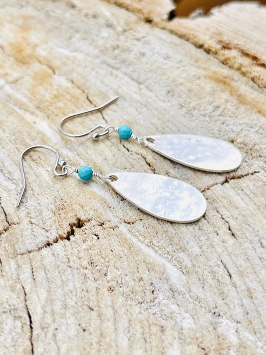 Sterling Silver Turquoise Teardrop Earrings | Hand Hammered Dangle Earrings