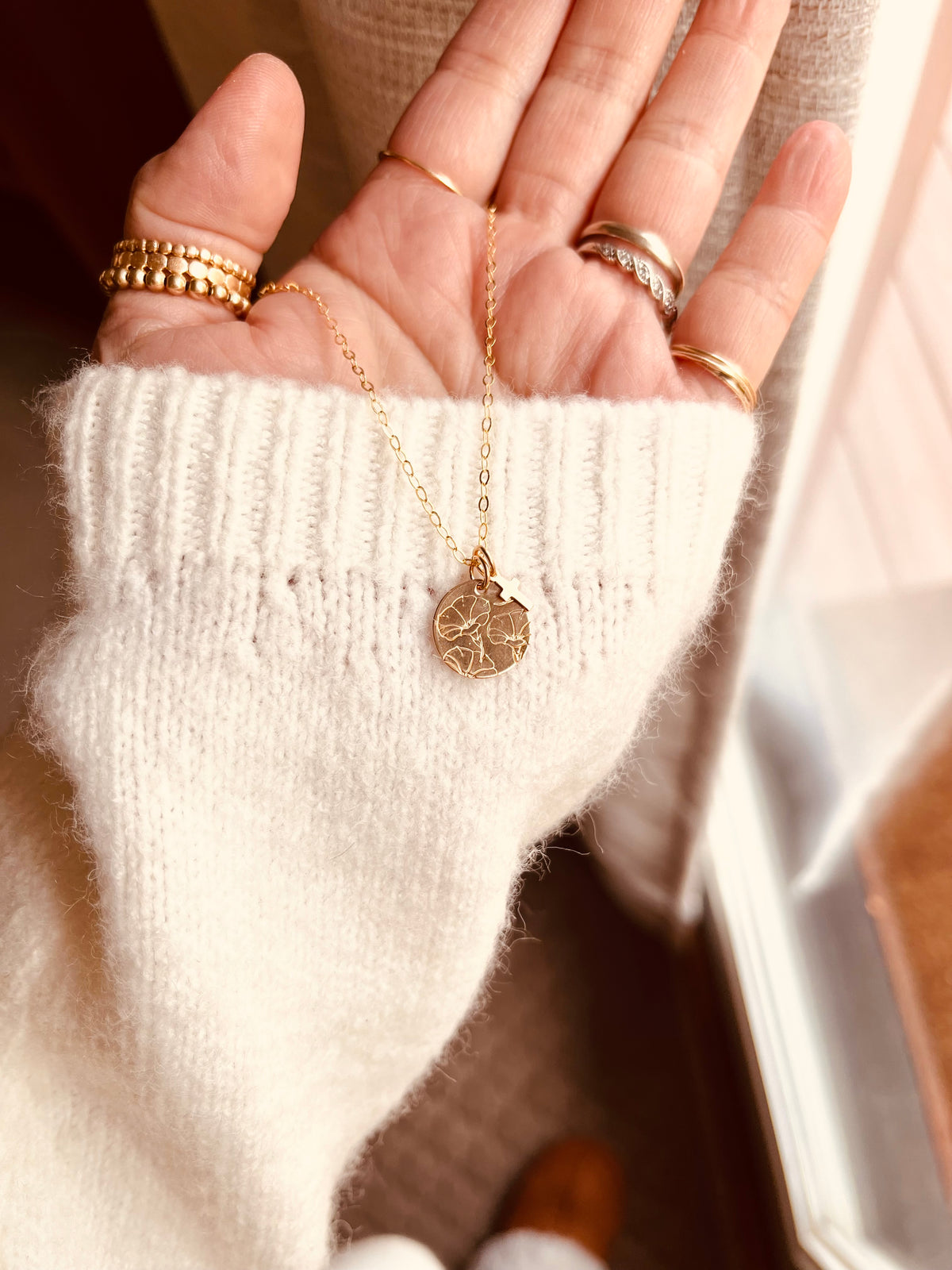 September Necklace, Personalized 14K gold-filled birth flower necklace with a tiny cross charm