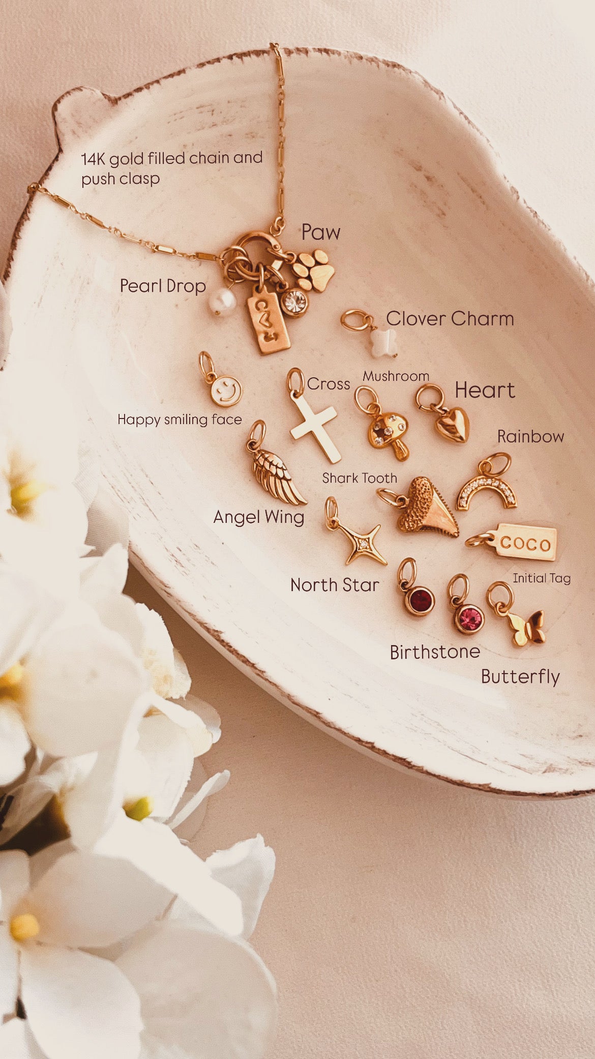 charm holder necklace, gold filled necklace, 14k gold filled jewelry, personalized necklace, dainty gold necklace, layering necklace, handmade jewelry, everyday necklace, minimalist jewelry, charm necklace, custom necklace, gift for her, holiday gift ideas, christmas gift, birthday gift, anniversary gift, pet lover jewelry, paw charm, pearl drop, initial tag, coco wagner design, made in wyoming, mountain studio jewelry