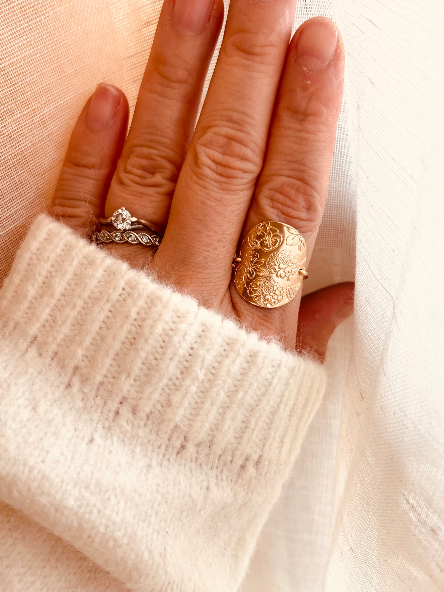 Birth Flower Ring 3/4” – Personalized Birth Month Flower Ring, Meaningful Gift for Her