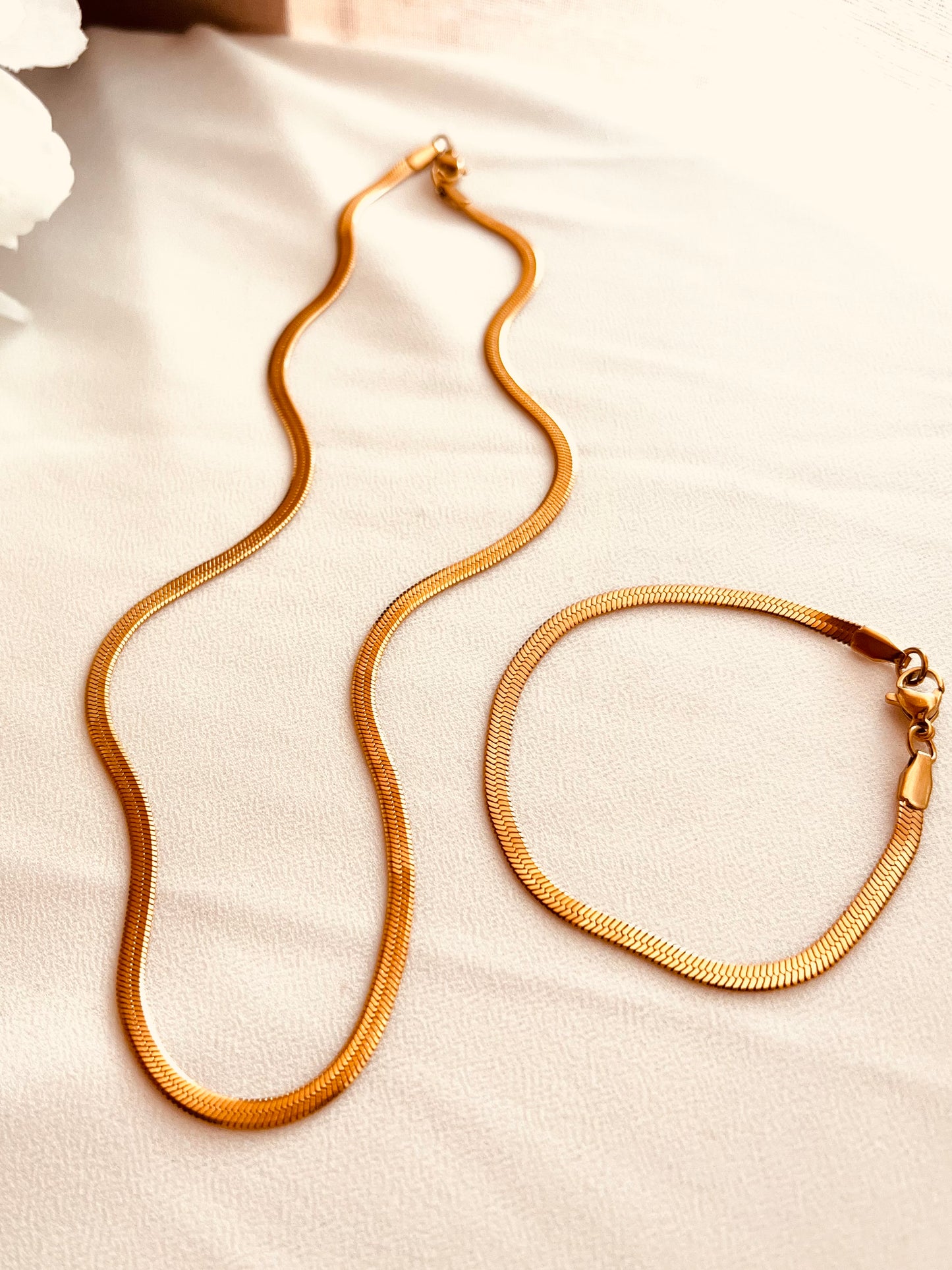 Herringbone Necklace and Bracelet Set – Waterproof Everyday Jewelry Gift for Women