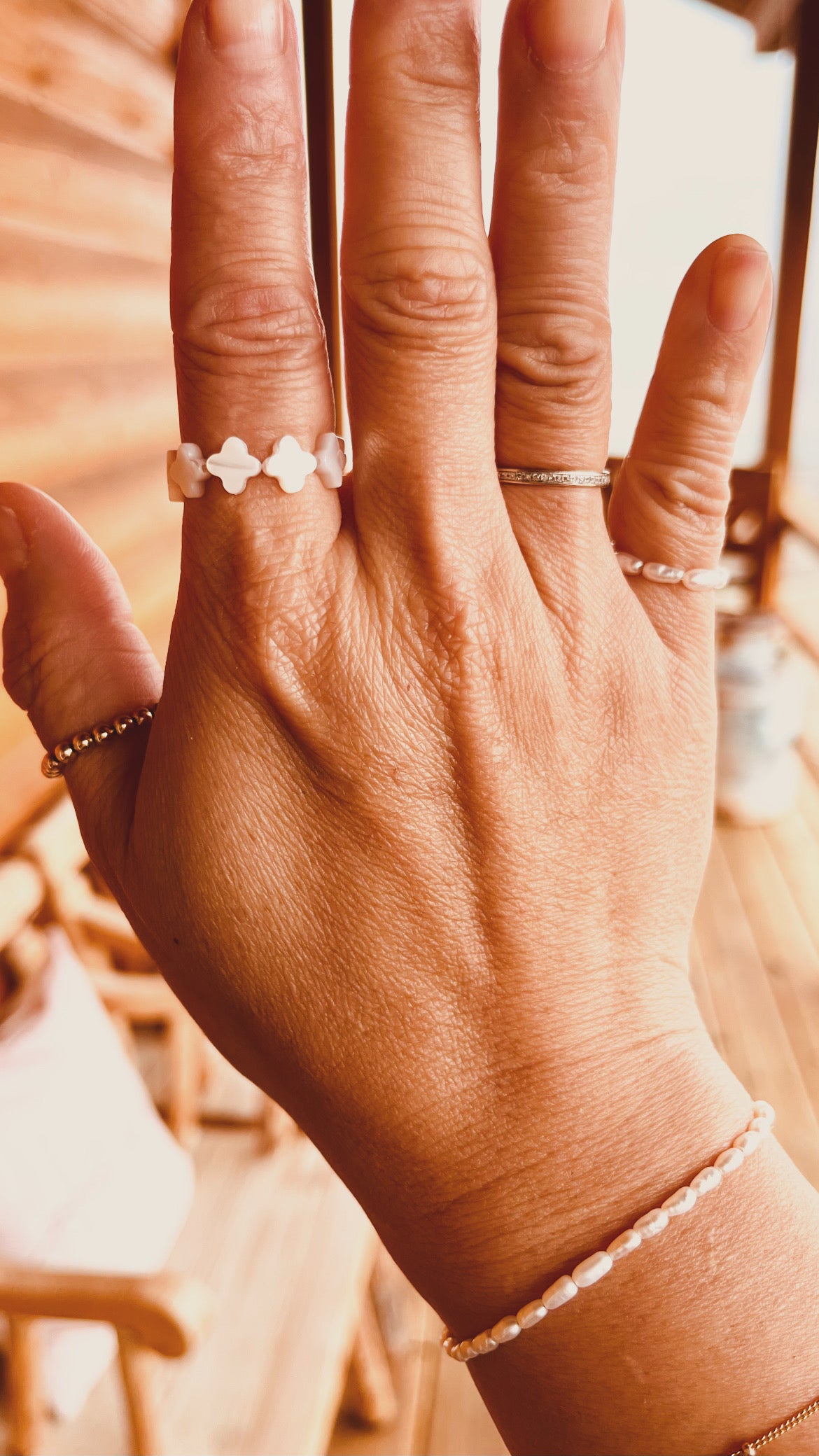 Mother of Pearl Clover Stretch Ring | Dainty Stackable Elastic Ring