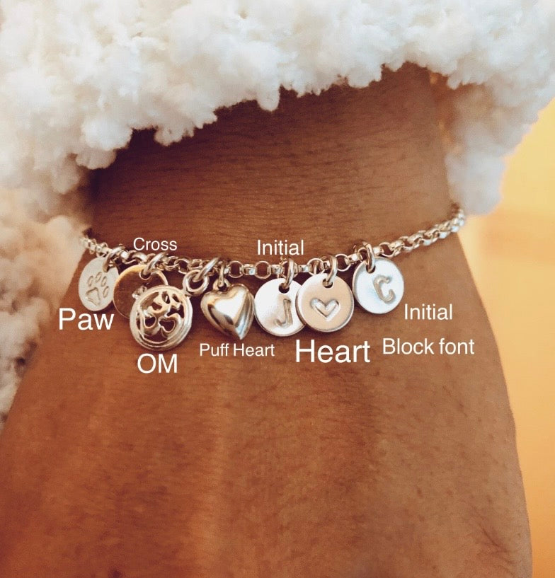 sterling silver initial bracelet, personalized charm bracelet, hand stamped bracelet, custom sterling silver bracelet, initial charm bracelet, personalized jewelry, mom charm bracelet, family initial bracelet, personalized gift for mom, sterling silver charm jewelry, custom initial jewelry, handmade charm bracelet