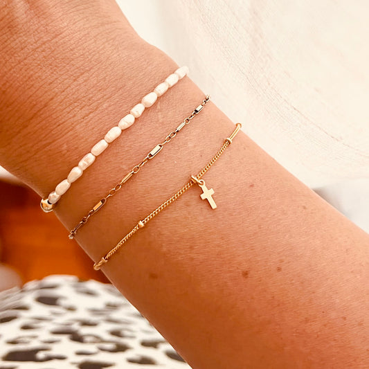 14K Gold Filled Tiny Cross Bracelet, Dainty Layering Bracelet, Waterproof 24/7 Jewelry, Minimalist Gift for Her