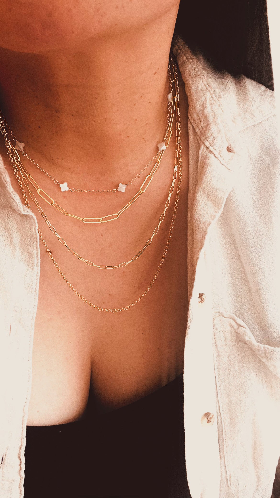 Layered necklace
Layering chains
Gold filled necklace
14k gold filled jewelry
Paperclip chain
Chunky paperclip chain
Rolo chain necklace
Mother of pearl necklace
Clover necklace
Pearl charm necklace
Custom charm necklace
Charm holder necklace
Gift for her
Holiday jewelry gift
Christmas gift for women
Everyday gold jewelry
Minimalist necklace
Boho layered necklaces
