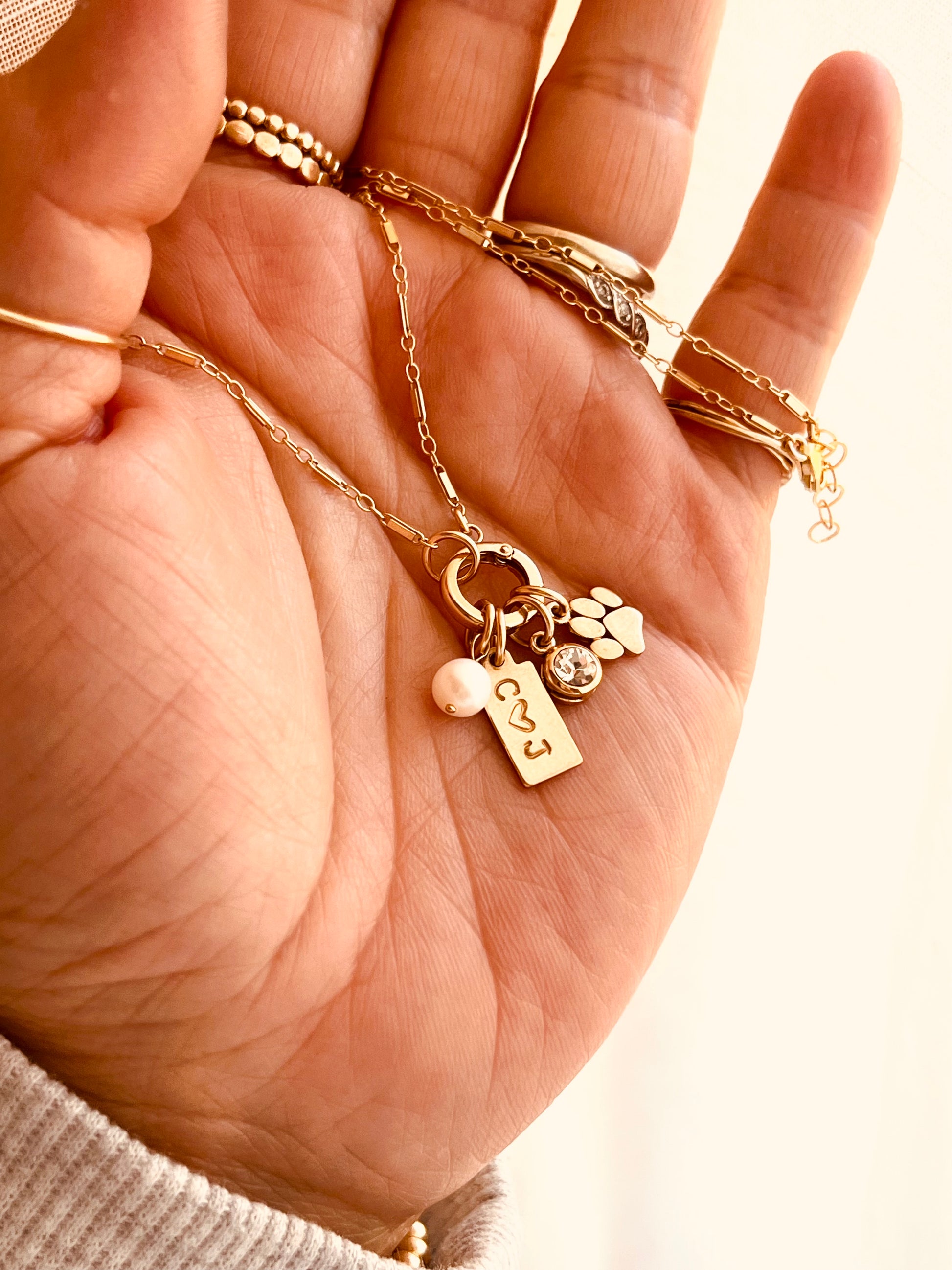charm holder necklace, gold filled necklace, 14k gold filled jewelry, personalized necklace, dainty gold necklace, layering necklace, handmade jewelry, everyday necklace, minimalist jewelry, charm necklace, custom necklace, gift for her, holiday gift ideas, christmas gift, birthday gift, anniversary gift, pet lover jewelry, paw charm, pearl drop, initial tag, coco wagner design, made in wyoming, mountain studio jewelry