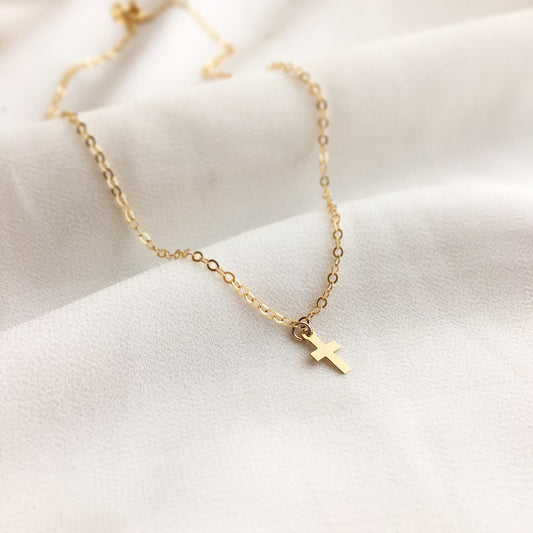 gold cross necklace, tiny cross pendant, dainty gold jewelry, everyday necklace, faith jewelry, minimal cross necklace, gold filled necklace, handmade in Wyoming, layering necklace, waterproof jewelry