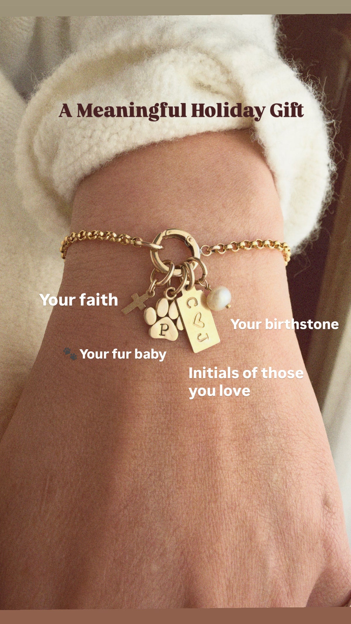     Custom gold charm bracelet for women with meaningful personalized charms