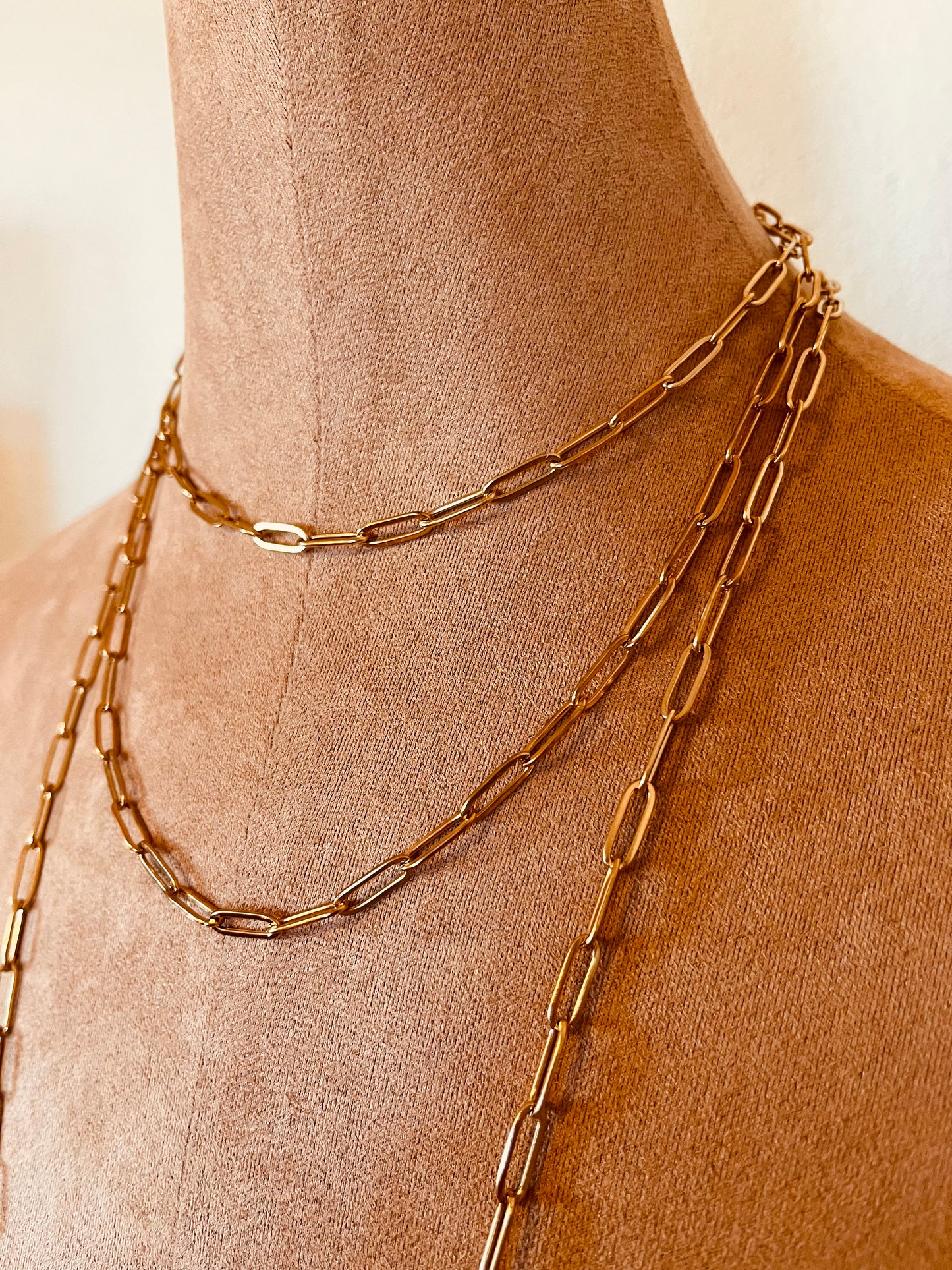 Golden Paperclip Layered Necklace – 30” Statement Chain