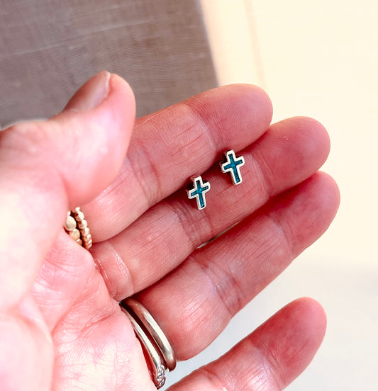 tiny turquoise earrings, turquoise cross studs, sterling silver cross earrings, minimalist studs, dainty turquoise jewelry, everyday earrings, small cross earrings, Wyoming handmade jewelry, Coco Wagner Design, stocking stuffer jewelry, turquoise post earrings, tiny cross earrings