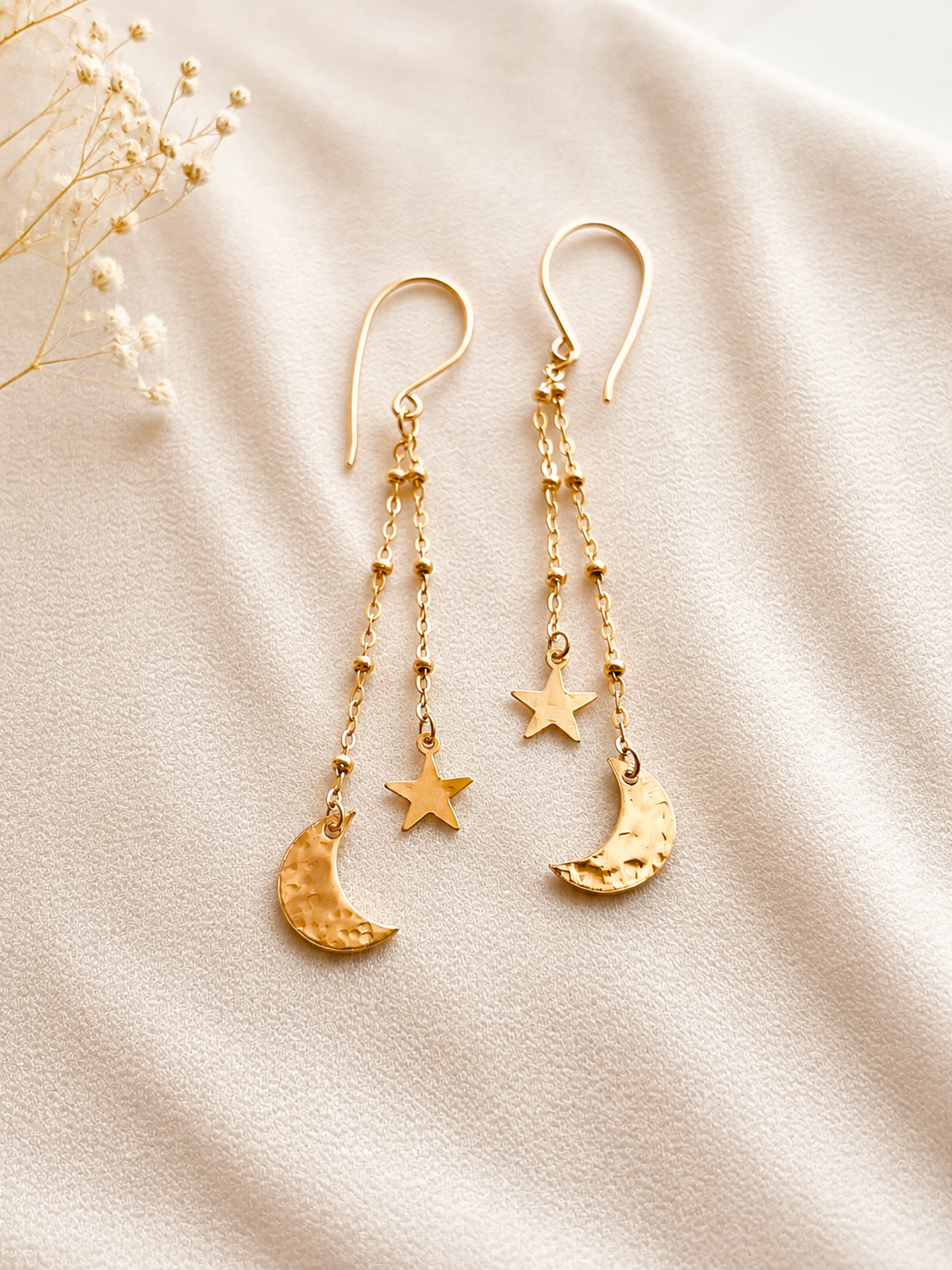 14K Gold Filled Moon & Star Earrings | Handmade Waterproof Dangle Earrings | Lightweight Celestial Jewelry