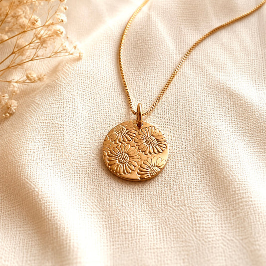 Personalized 5/8 inch hand-stamped birth Birth flower necklace in 14K gold filled with family birth flowers