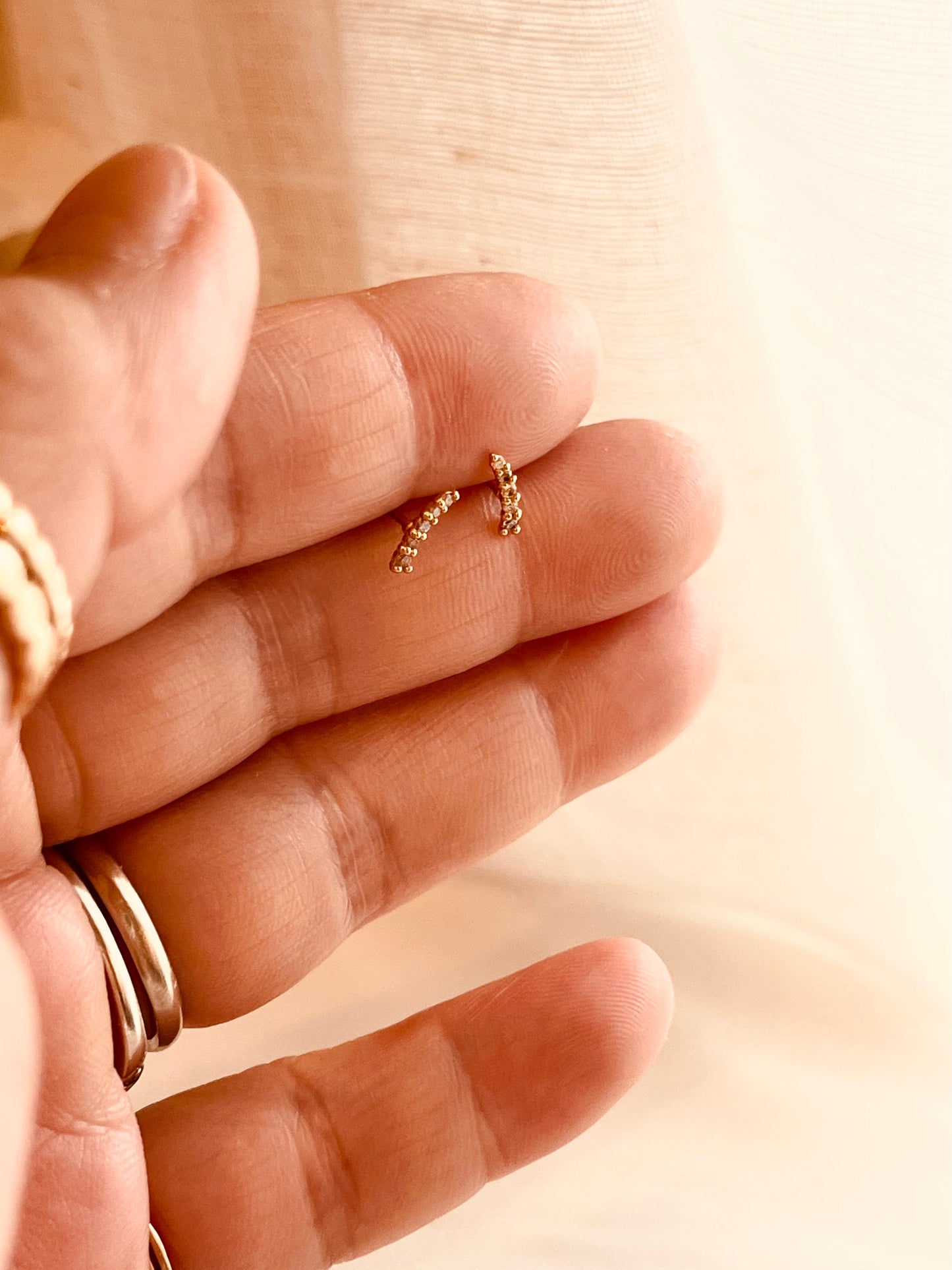 14K Solid Gold Pavé Diamond Curve Bar Stud Earrings, Minimalist Diamond Bar Earrings, Dainty Everyday Diamond Studs, Gift for Her