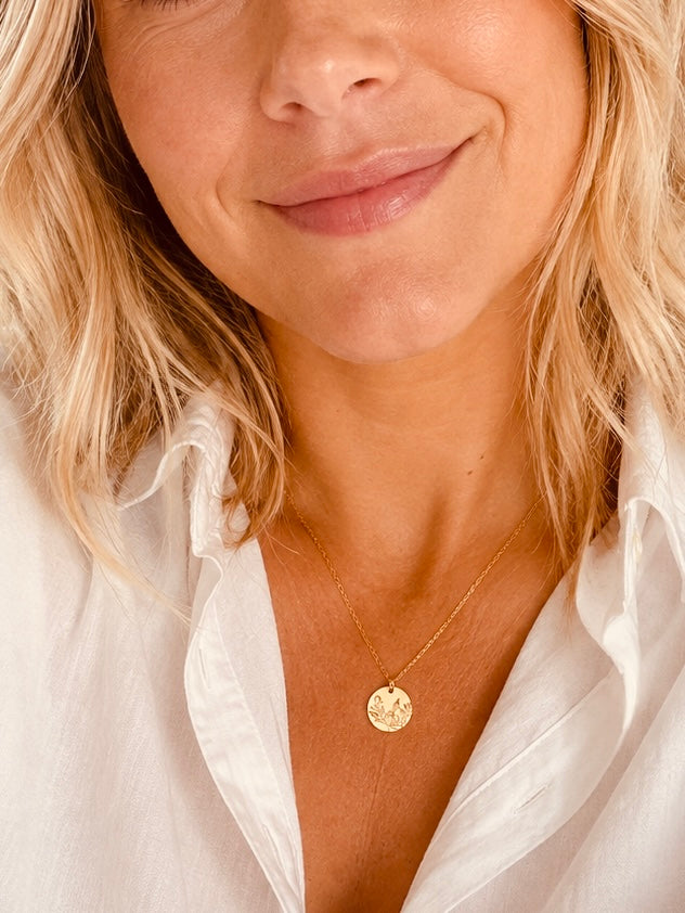 Peony Flower Necklace | Hand Stamped Gold Floral Pendant