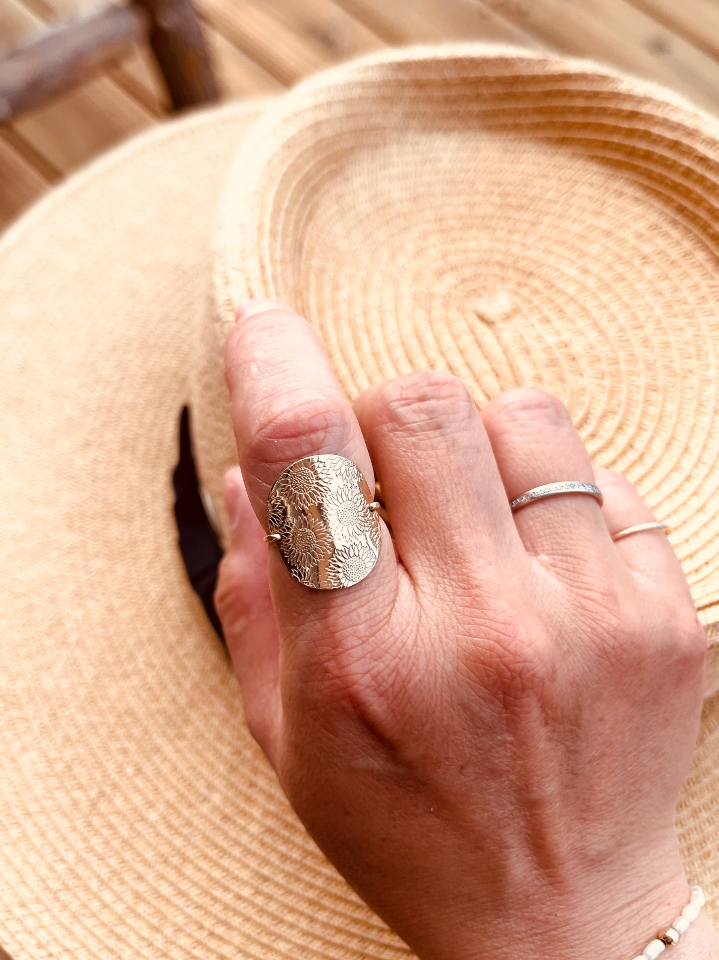 Rustic Sunflower Birth Flower Ring – Gold Filled Floral Signet Ring