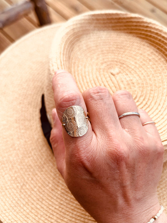 Rustic Sunflower Birth Flower Ring – Gold Filled Floral Signet Ring