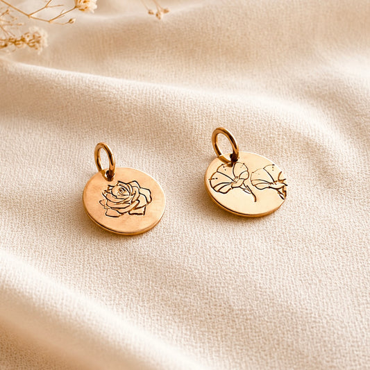 Personalized Birth Flower Charm 13mm | 14K Gold Filled or Sterling Silver