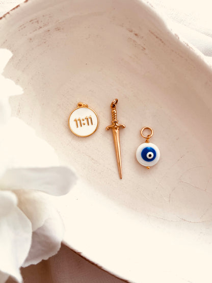 Sword charm, Natural Bronze, 
Natural Mother of Pearl Evil Eye, Evil Eye charm, add extra charm, add ons, add charm, add pendent, 11:11 charm, angel number 11111, gifts, gift for her, birthday gift, gift for daughter, gift for sister, birthday present, gifts, charms, pendent, add charm to bracelet, add charm to necklace 