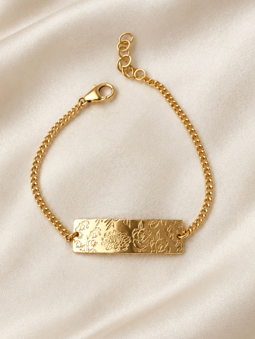 Personalized birth flower bar bracelets with custom floral engravings, handmade family keepsake jewelry. 14k gold filled jewelry 