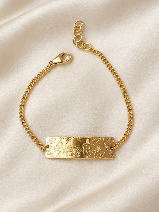 Personalized birth flower bar bracelets with custom floral engravings, handmade family keepsake jewelry. 14k gold filled jewelry 