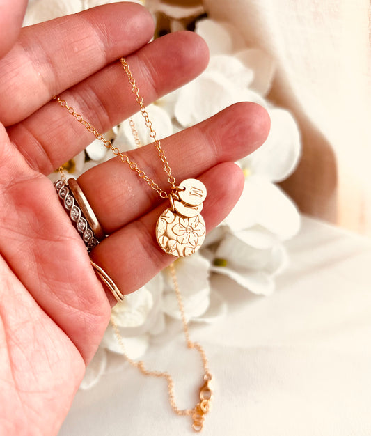 14K gold filled personalized birth flower necklace with custom initial charm