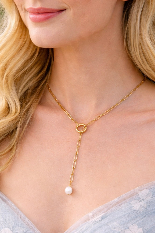 Freshwater Pearl Drop Necklace | Minimal Gold Lariat Jewelry