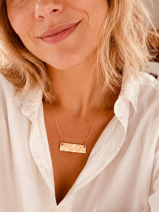 Personalized Birth Flower Bar Necklace | Hand Stamped Family Necklace