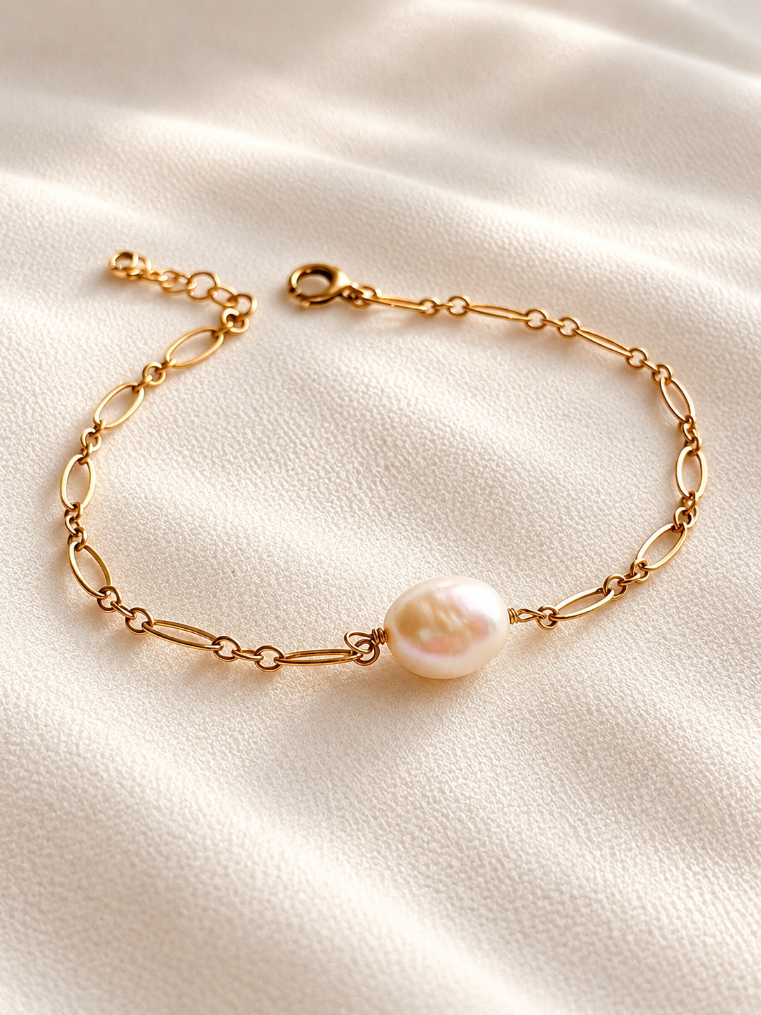 This delicate bracelet features a genuine freshwater pearl paired with a dainty 14K gold-filled chain. Each natural pearl has its own unique shape, texture, and luster, making every bracelet one of a kind.
