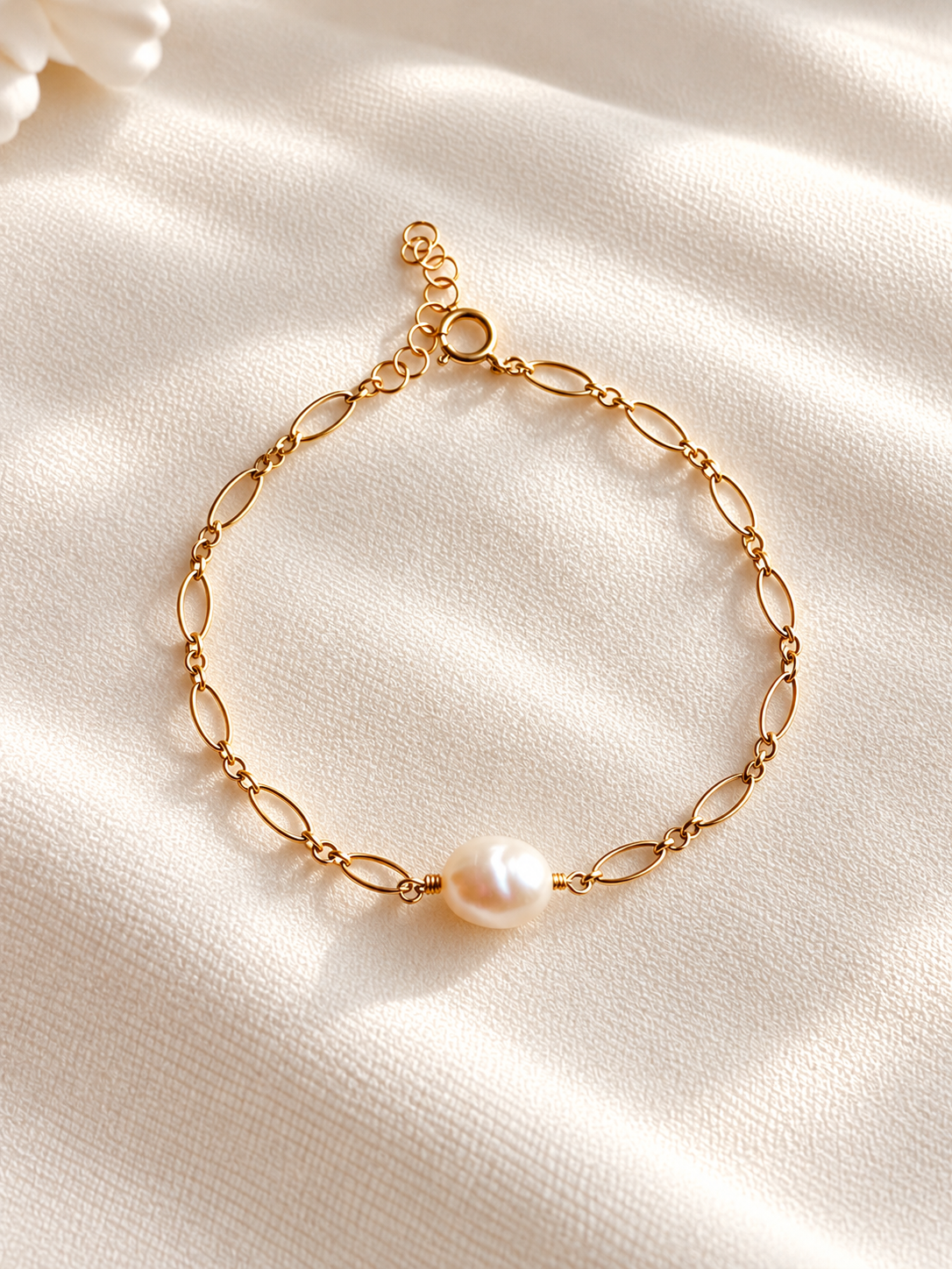 Dainty 14K gold filled freshwater pearl bracelet handmade in Wyoming. Featuring a naturally unique pearl and adjustable 7” + 1” extender for effortless everyday wear.