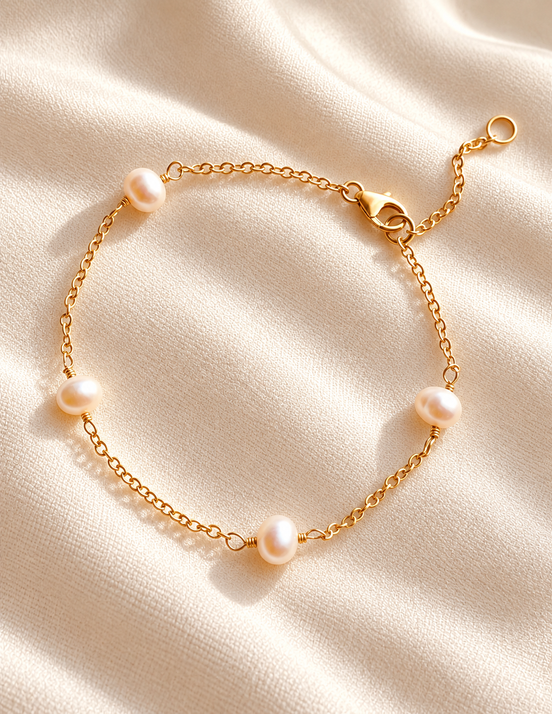 This 14k gold filled dainty bracelet features genuine freshwater pearls delicately spaced along a fine chain for a soft, luminous look.