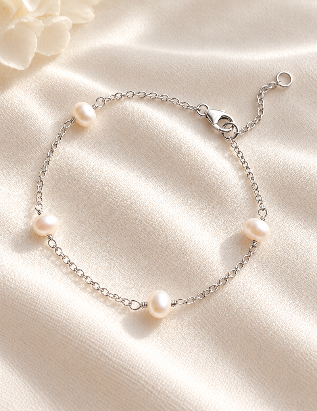 This sterling silver dainty bracelet features genuine freshwater pearls delicately spaced along a fine chain for a soft, luminous look\.