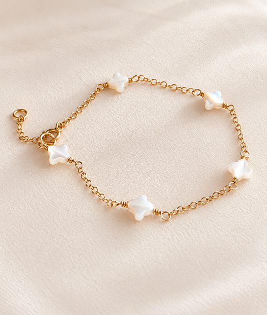 Mother of Pearl clover bracelet with 14K gold filled chain handmade by Coco Wagner Design
