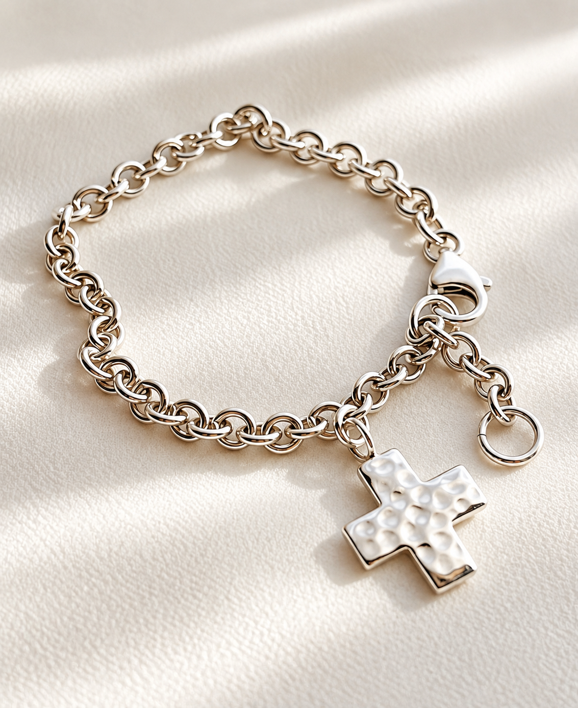 Sterling Silver Cross Bracelet | Chunky Christian Charm Bracelet
