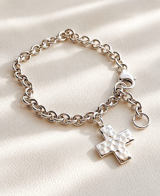 Sterling Silver Cross Bracelet | Chunky Christian Charm Bracelet