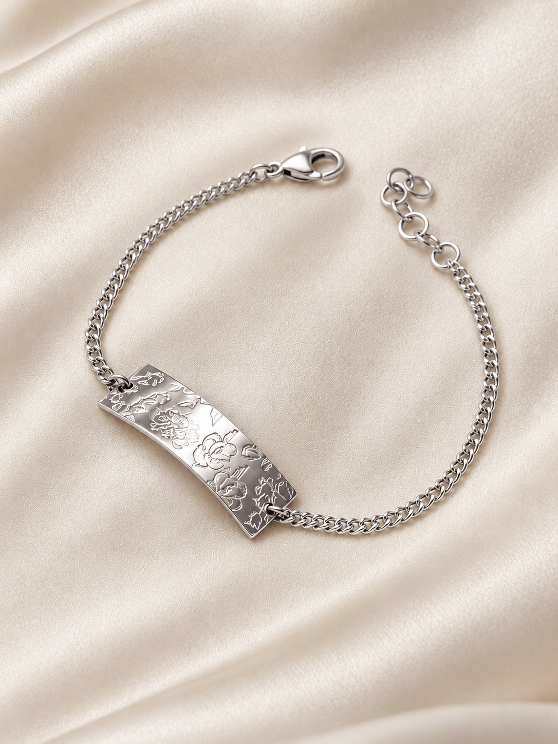 Shop a personalized sterling silver birth flower bar bracelet with up to 5 flowers. Handmade custom family jewelry, a meaningful gift for moms and grandmothers.