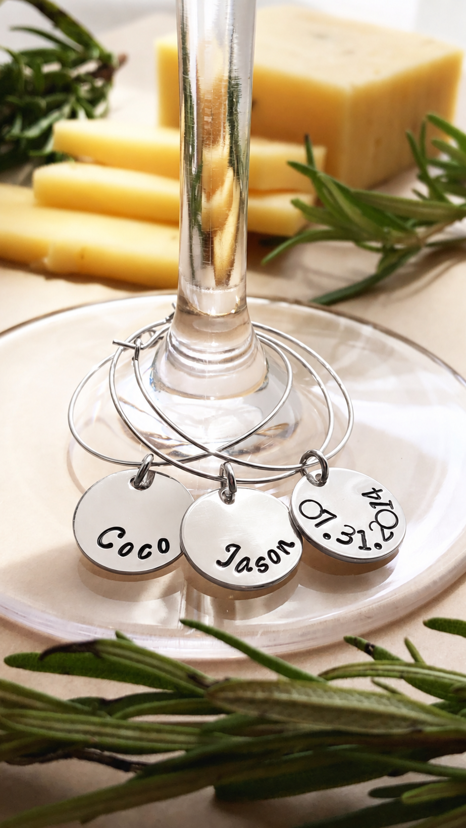 Personalized Silver  Wine Glass Charms – Custom Name Wine Markers, Hand Stamped Party Favors