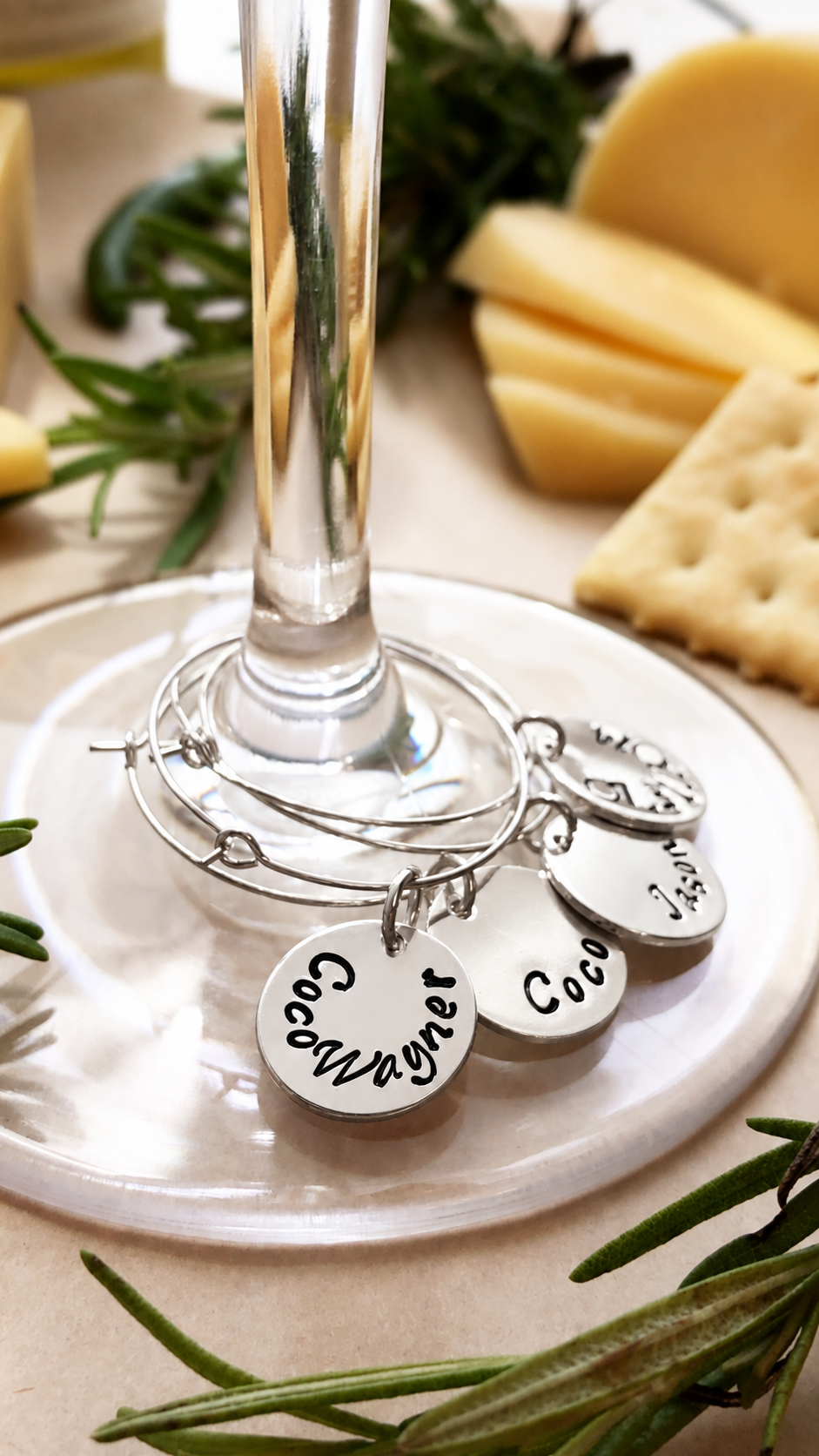 Personalized Silver  Wine Glass Charms – Custom Name Wine Markers, Hand Stamped Party Favors