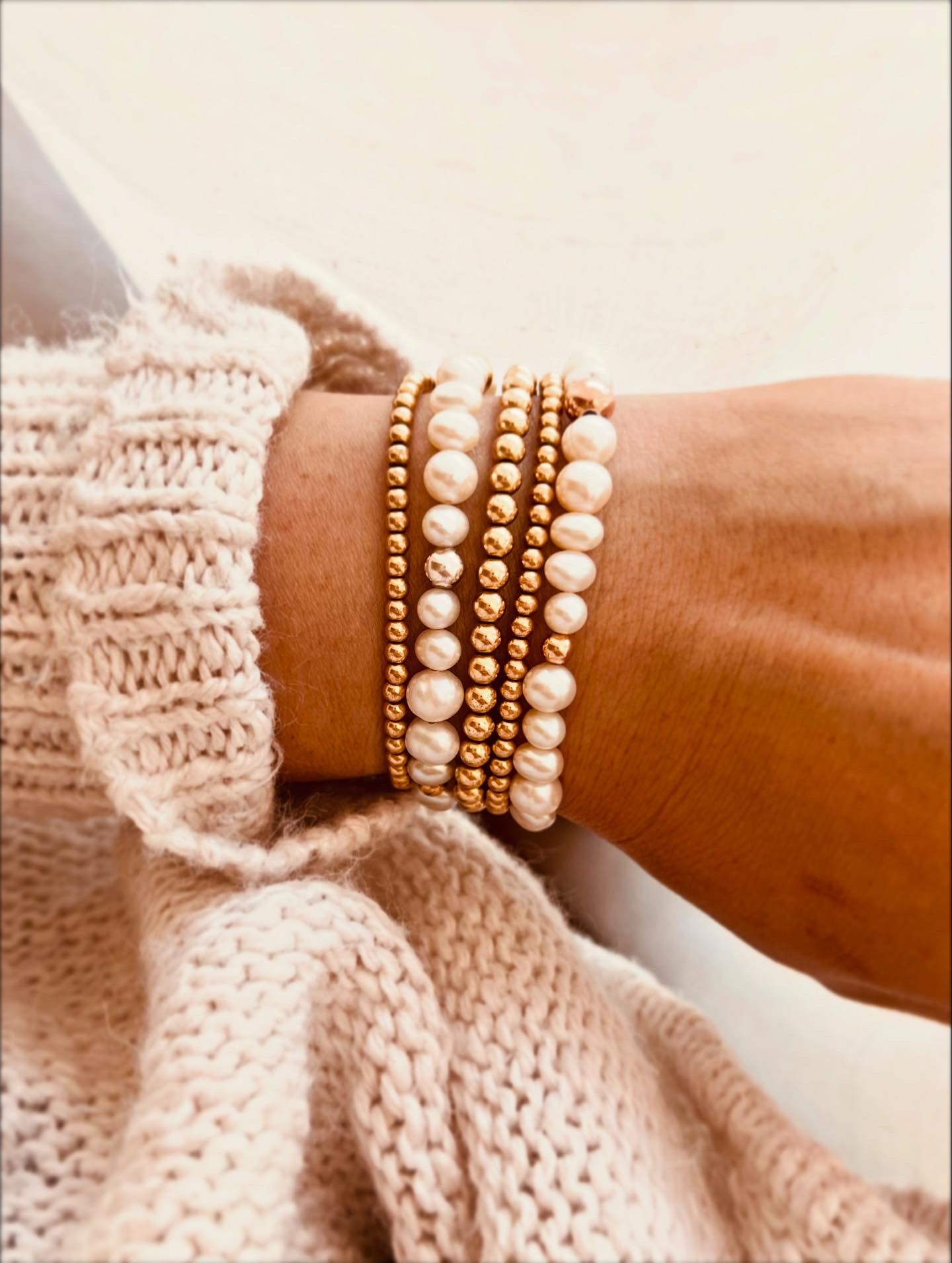 Freshwater Pearl & Gold Beaded Bracelet Set – Set of 5, gifts ideas, gift set, gift for wife, anniversary present, gift for mother, gift for grandmother, birthday present, pearl jewelry, pearl bracelet, bracelet stacked, bracelet stacking, beaded bracelet, 14k gold filled jewelry, holidays gifts, Christmas present, Gifts 