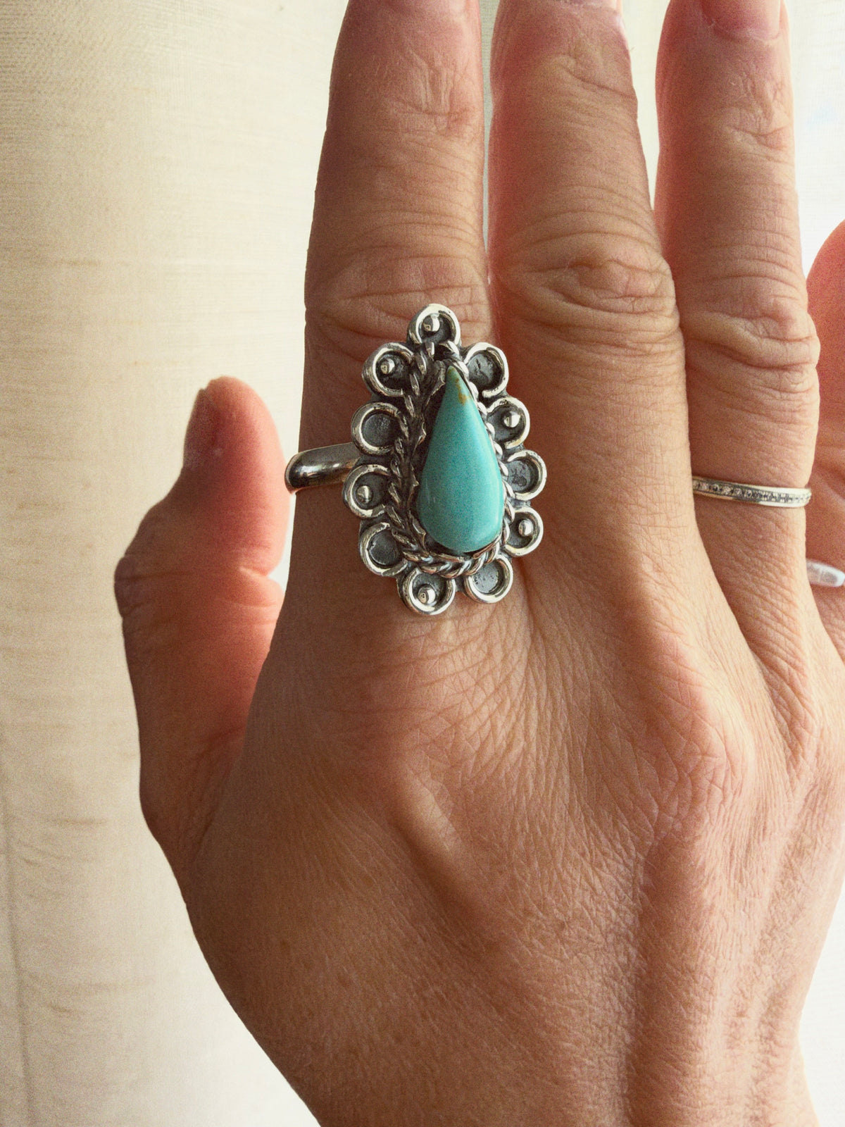 Adjustable sterling silver turquoise statement ring worn on hand, Gift for her