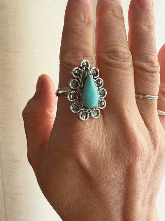 Adjustable sterling silver turquoise statement ring worn on hand, Gift for her