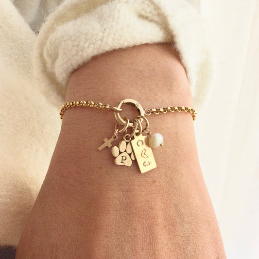 Personalized 14K gold filled charm bracelet with initials, paw, cross and birthstone