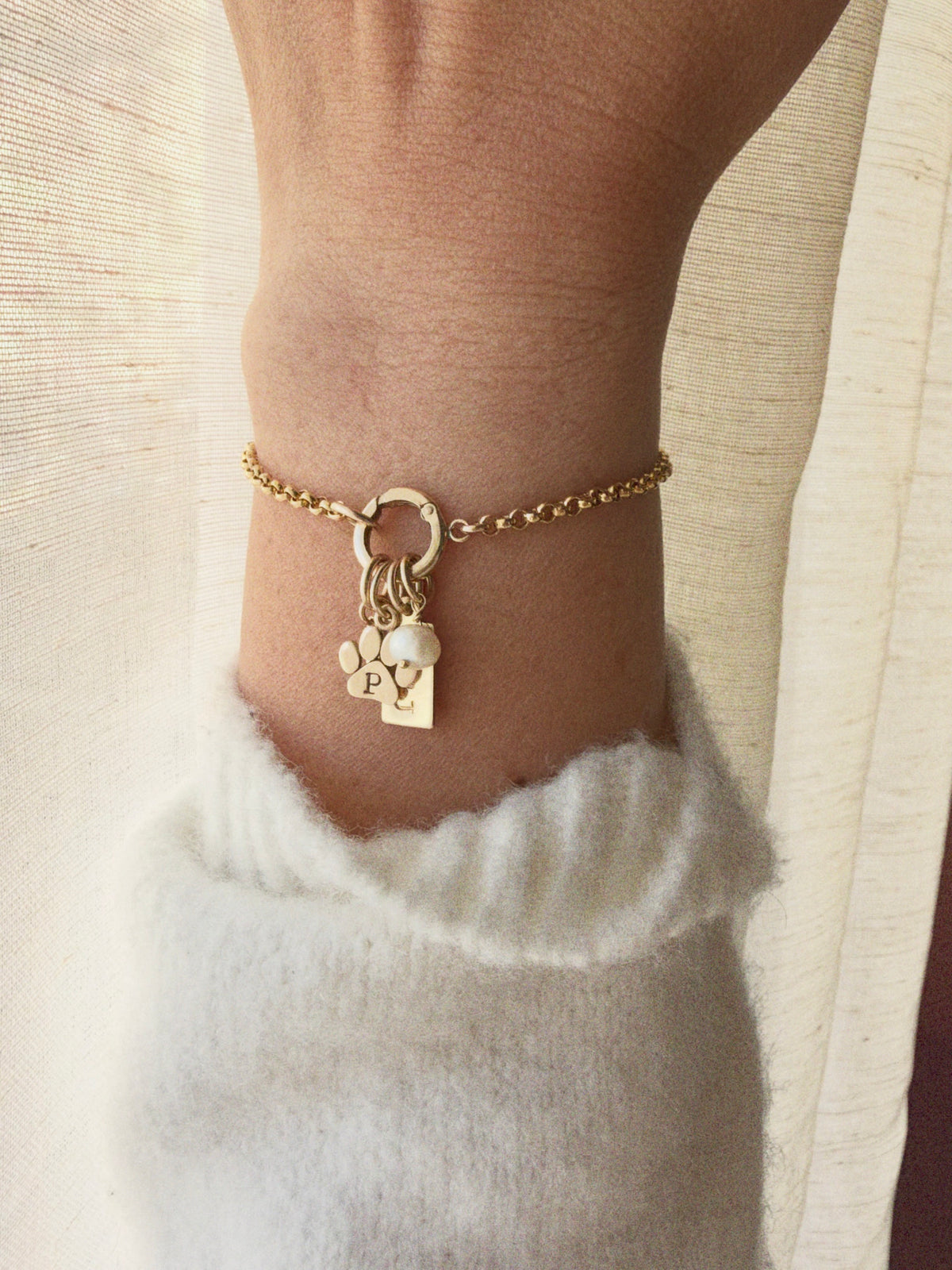     14K gold filled personalized bracelet with pet paw, initials and pearl charm