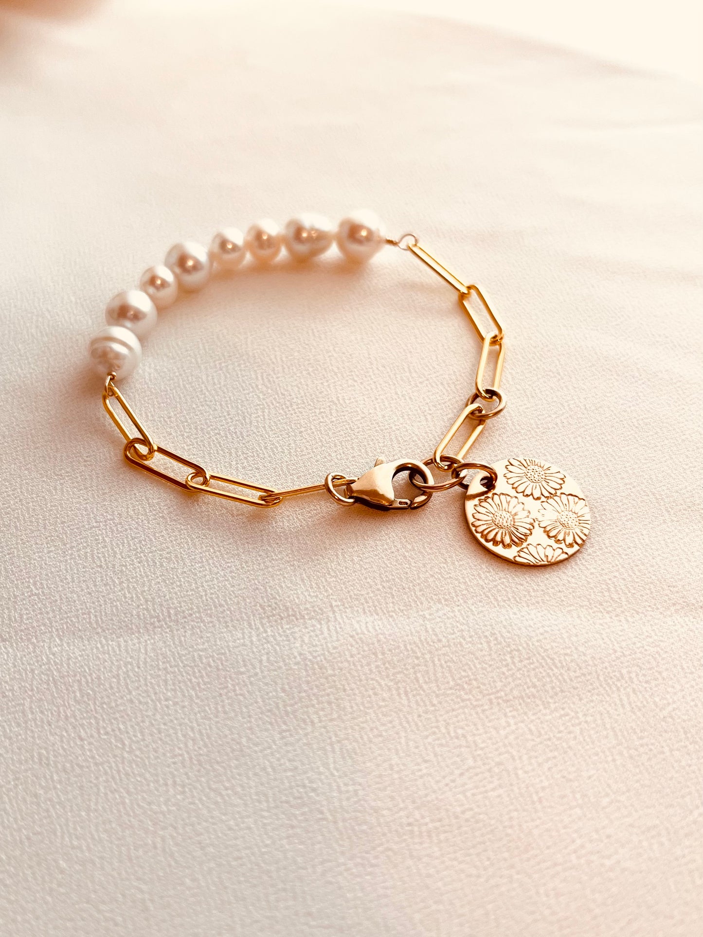 Freshwater Pearl Birth Flower Bracelet – Personalized Flower Disc Bracelet
