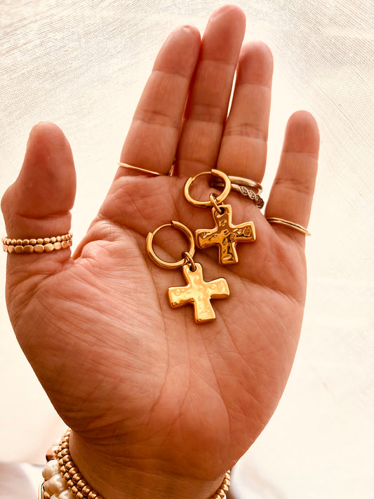 Cross Drop Hoop Earrings | Waterproof Gold Hoop Earrings | Christian Jewelry