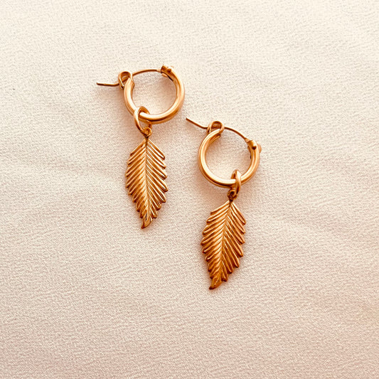 Leaf Charm Hoop Earrings | 14k Gold Filled 14mm Hoops | Lightweight Everyday Earrings