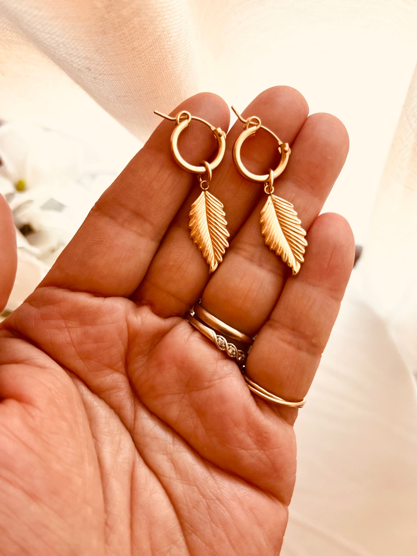 Leaf Charm Hoop Earrings | 14k Gold Filled 14mm Hoops | Lightweight Everyday Earrings