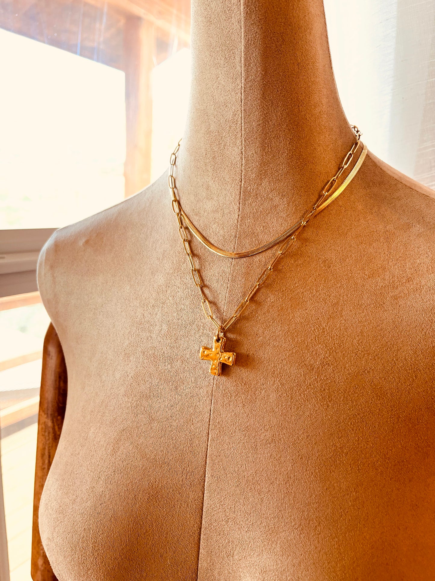Layered Cross Necklace Set, Herringbone Necklace, Waterproof Gold Layering Necklace