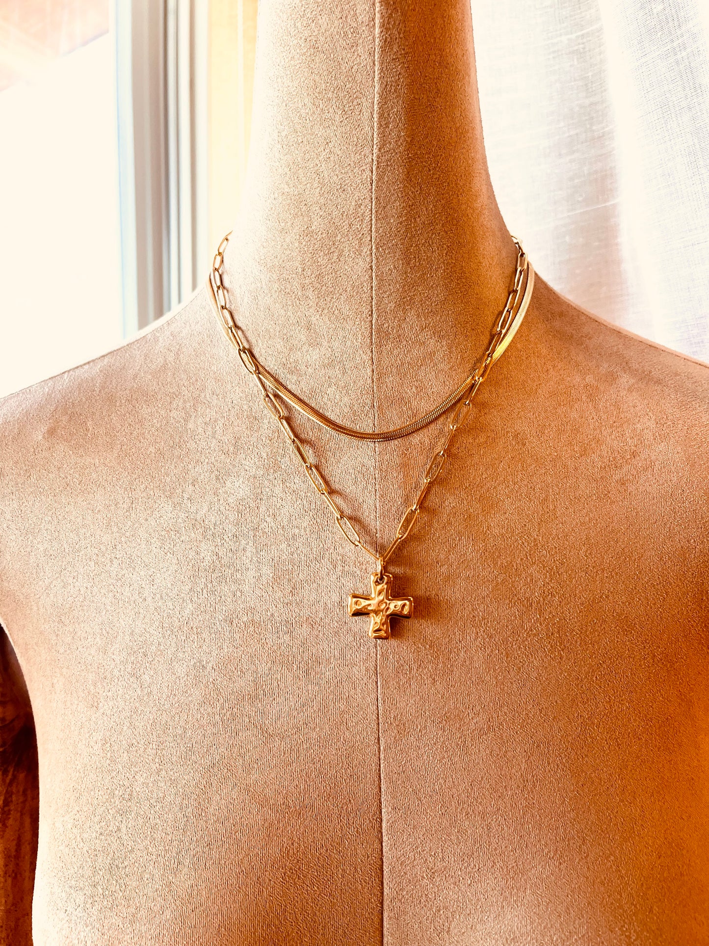 Layered Cross Necklace Set, Herringbone Necklace, Waterproof Gold Layering Necklace