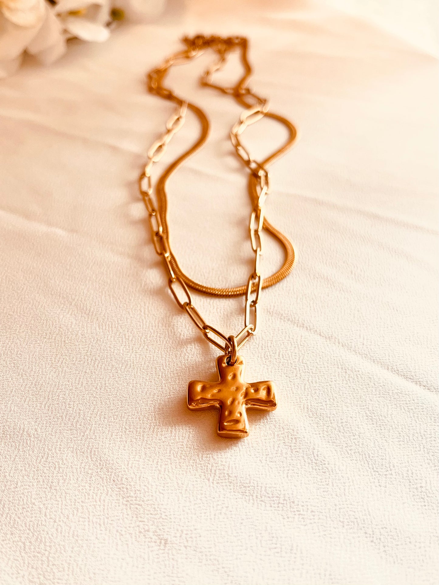 Layered Cross Necklace Set, Herringbone Necklace, Waterproof Gold Layering Necklace